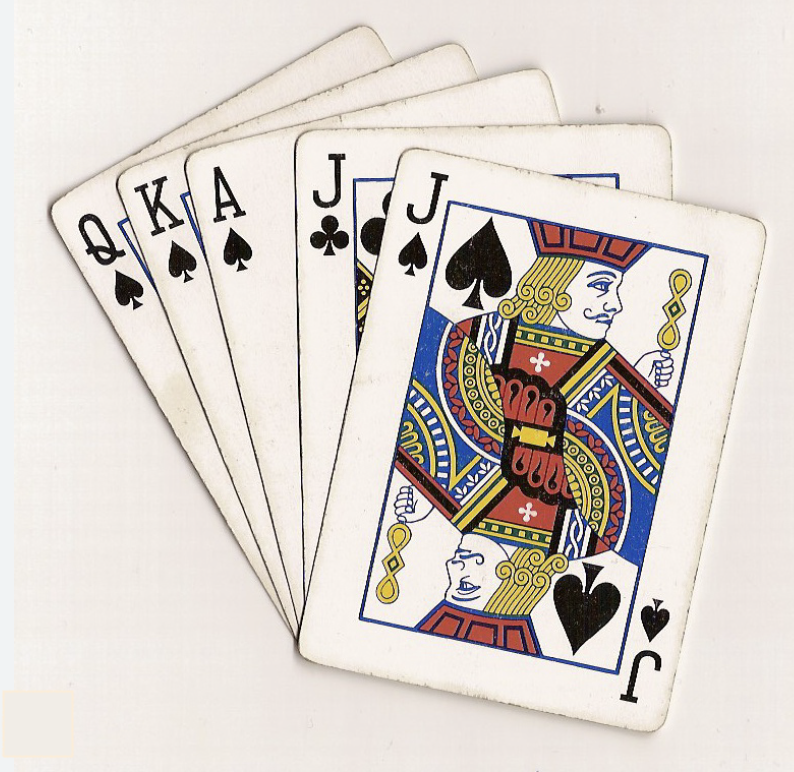 A perfect Eucher Hand, Jack, Ace, King, Queen of spades and also the Jack of clubs!