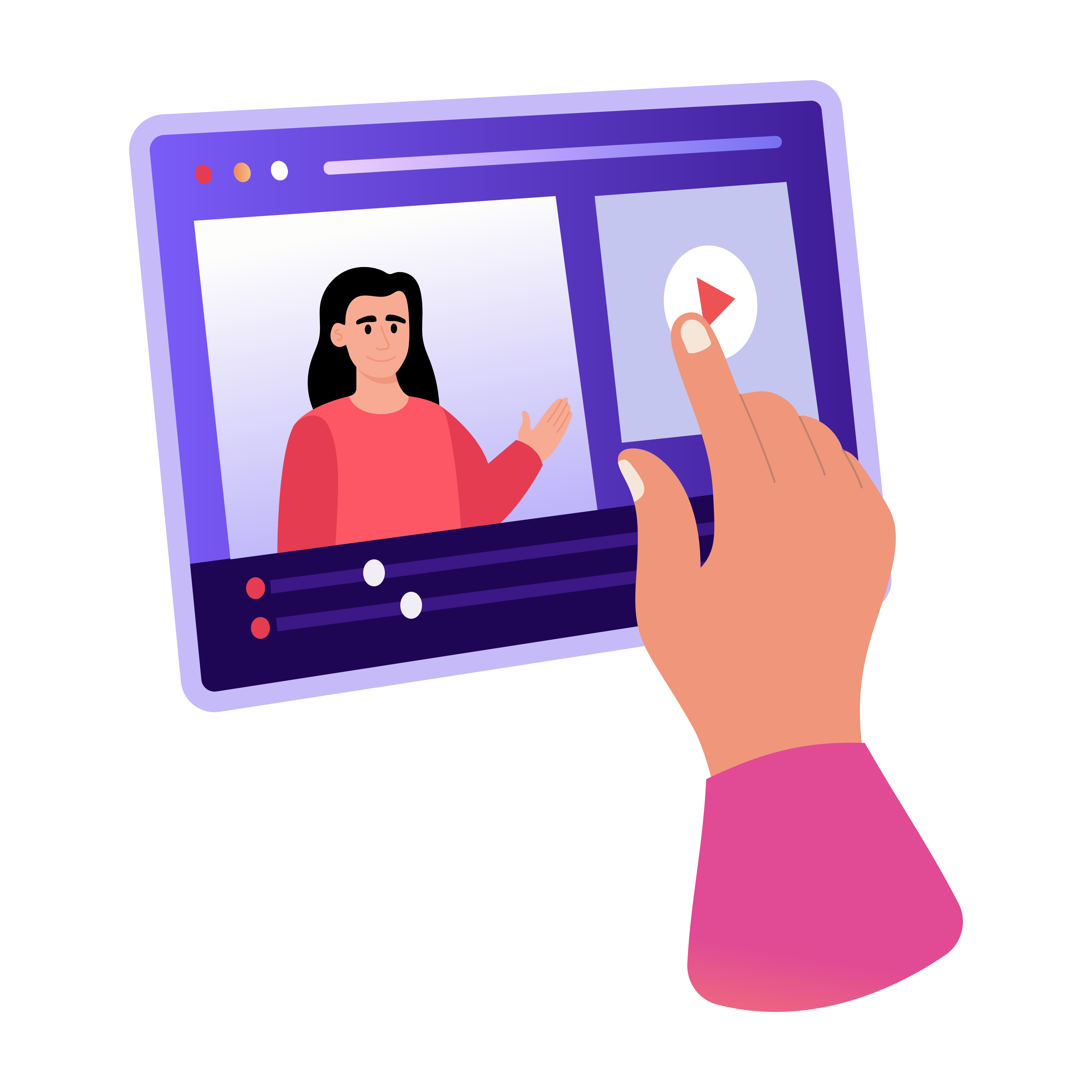 cartoon illustration of a computer screen with a dark-haired female making a presentation on the screen.