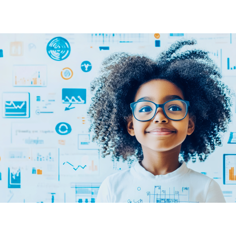 confident young girl in front of complex formulas and diagrams