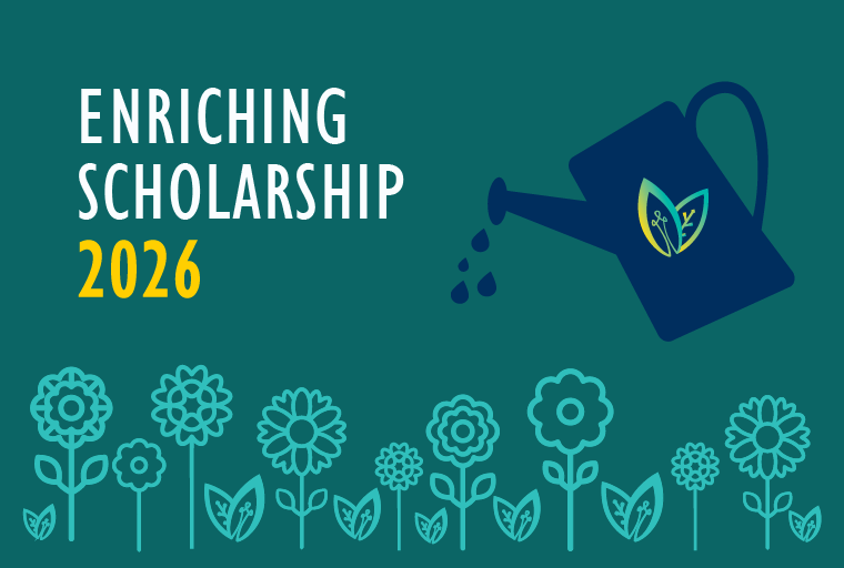 Graphic art featuring a dark blue watering can sprinkling drops over a line of teal flowers.