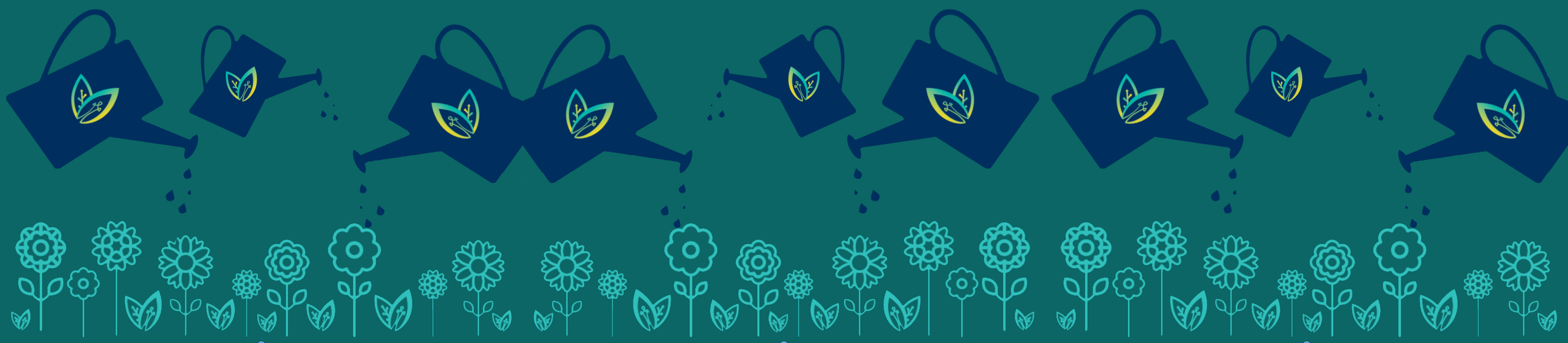 Graphic image of 10 whimsical watering cans sprinkling drops on a row of teal flowers. The watering cans have the Teachtech logo on them. The logo is a blend of a lightbulb and a leaf.